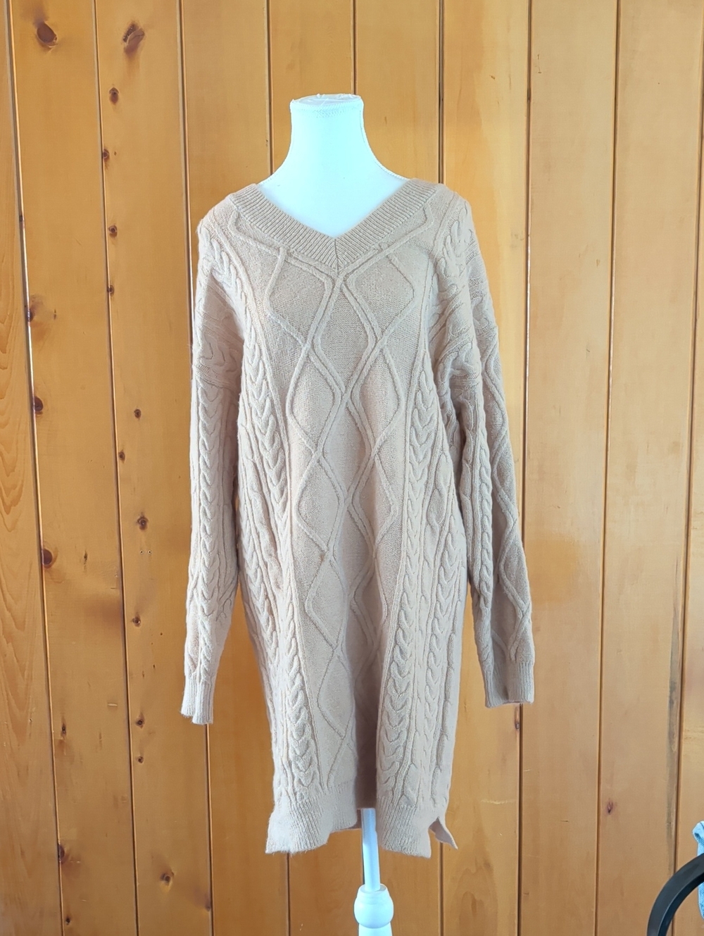 Cable-Knit V-Neck Sweater Dress in Camel